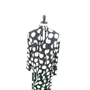 Studio Women Long Sleeve High Neck Bow Polka Dot Midi Dress Black White Size Sma